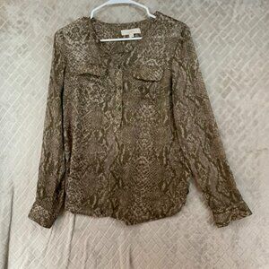 Ann Taylor Loft Womens S Blouse Brown Sheer Snake Reptile Long Sleeve Button Up